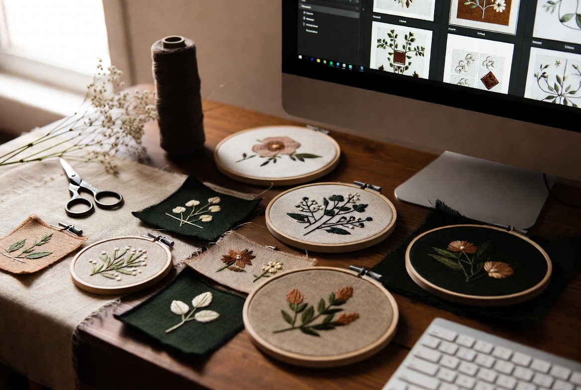 Finished embroidery designs arranged in Gloria's studio